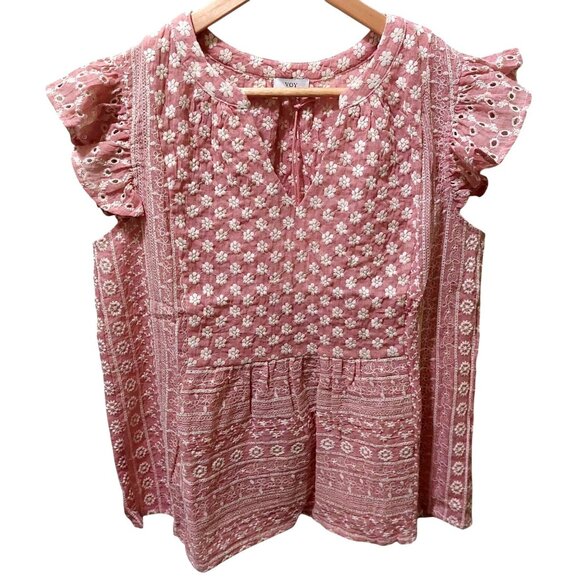 Voy Tops - NWT VOY Pink/Mauve Floral Embroidered Ruffle Sleeve Top Boho